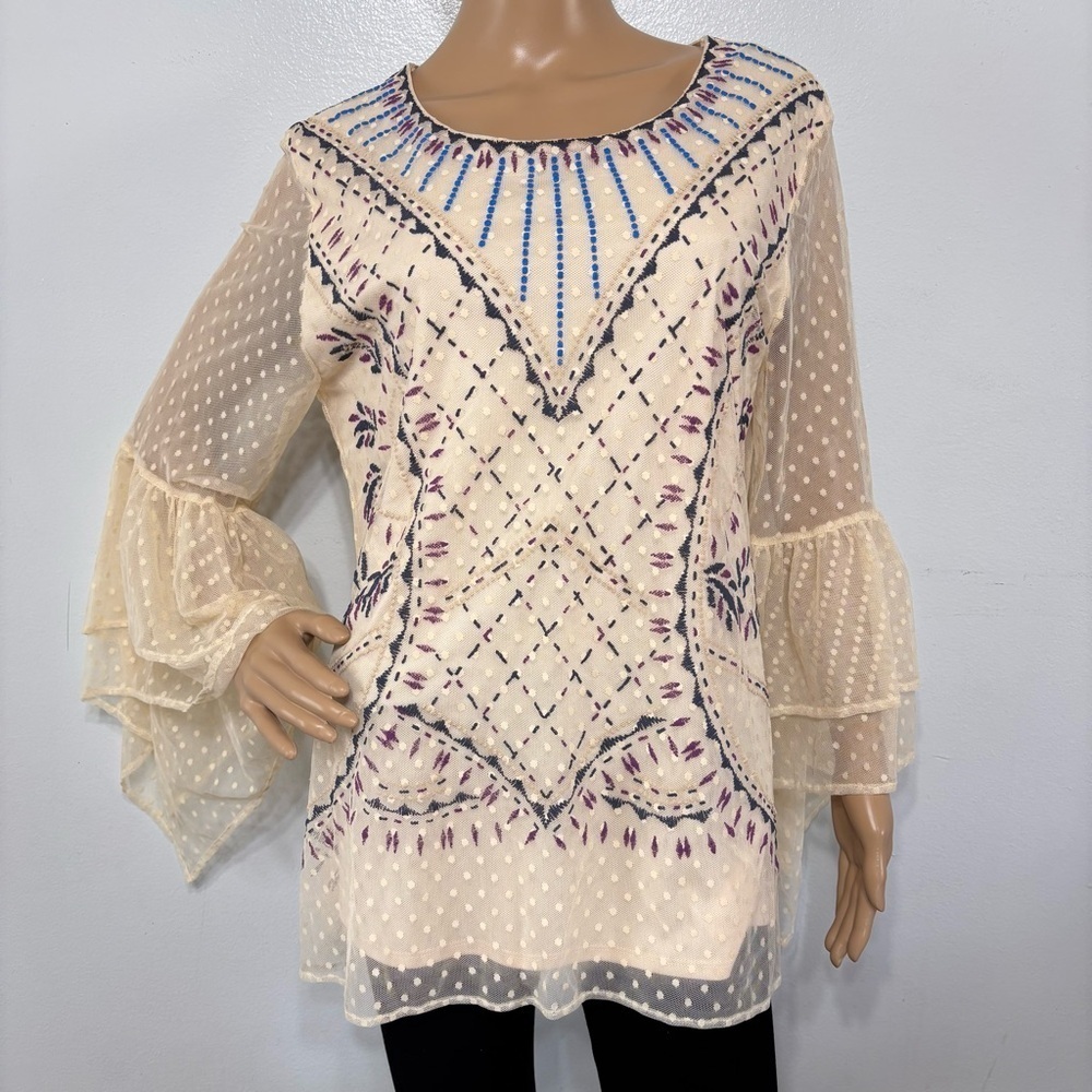 Reba Western Cream Boho Western Bell Sleeve Lined Blouse Size L